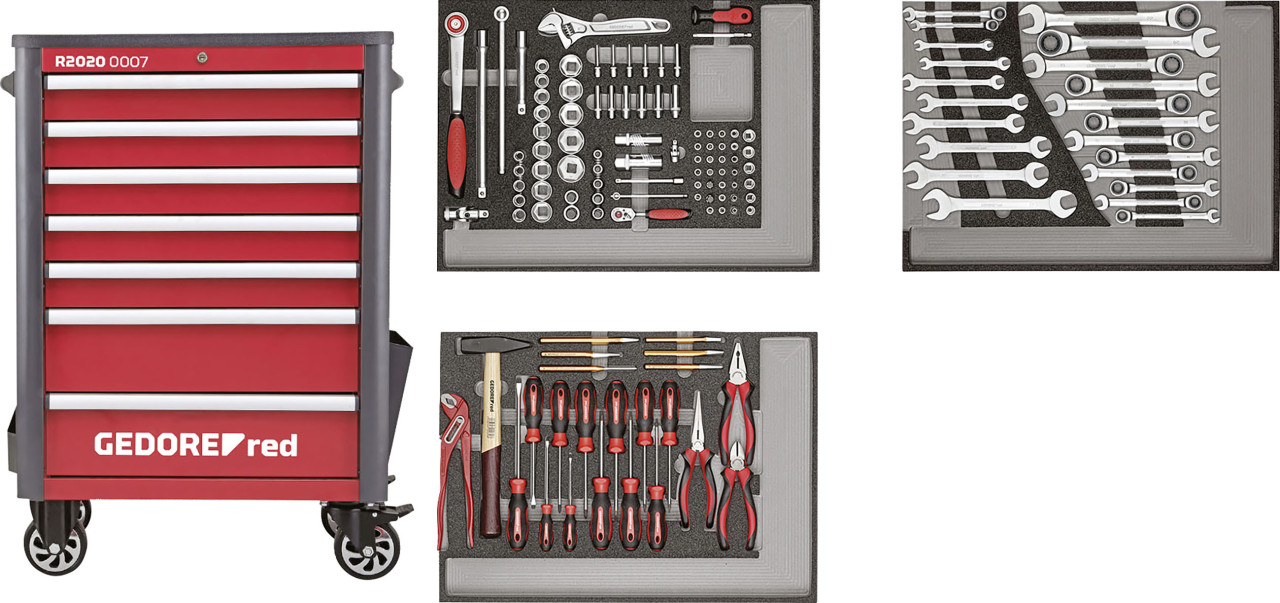 Gedore Werkstattwagen mit Werkzeugsatz Wingman rot 129-teilig mit 7 Schubladen von Gedore