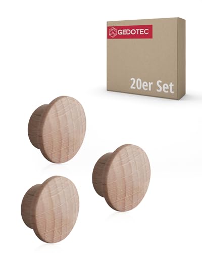 Gedotec Abdeckkappen Loch-Abdeckungen Holz für Blind-Bohrung Ø 10 mm | Massivholz Buche naturbelassen | Gesamt Ø 15 mm | Kappen rund zum Eindrücken | 20 Stück - Endkappen für Möbel & Schrauben-Löcher von Gedotec