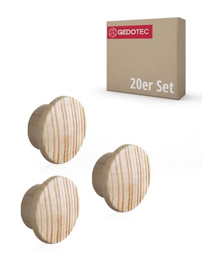 Gedotec Abdeckkappen Loch-Abdeckungen Holz für Blind-Bohrung Ø 10 mm | Massivholz Kiefer naturbelassen | Gesamt Ø 15 mm | Kappen rund zum Eindrücken | 20 Stück - Endkappen für Möbel & Schrauben-Löcher von Gedotec