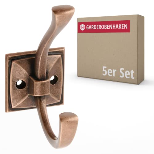 Gedotec Garderoben-Haken Metall Kupfer antik I KARO I Aufhänger Tiefe: 75 mm I 5 Stück Kleiderhaken I Wand-Garderobe zum Schrauben I Mantelhaken Modern I Design Wandhaken mit Befestigungsmaterial von Gedotec