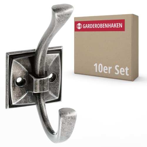 Gedotec Garderoben-Haken Metall Silber antik I KARO I Aufhänger Tiefe: 75 mm I 10 Stück Kleiderhaken I Wand-Garderobe zum Schrauben I Mantelhaken Modern I Design Wandhaken mit Befestigungsmaterial von Gedotec
