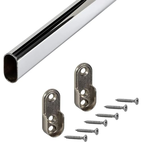 Gedotec Kleiderstange | OVAL | Schrankstange 1250 mm | 1 Set | Möbelrohr 30 x 15 mm | Schrankrohr Stahl verchromt | Schrank Stange mit 2 Stück Schrankrohrlager | Garderobenstange für Wandmontage von Gedotec