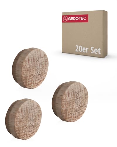 Gedotec Loch-Abdeckungen universal Abdeckkappen Holz für Blind-Bohrung Ø 15 mm | Massivholz Eiche naturbelassen | Gesamt Ø 17 mm | Kappen rund zum Eindrücken | 20 Stück - Lochkappen für Möbel von Gedotec