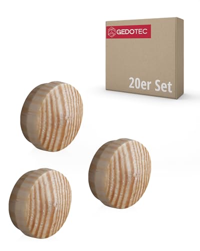 Gedotec Loch-Abdeckungen universal Abdeckkappen Holz für Blind-Bohrung Ø 15 mm | Massivholz Kiefer naturbelassen | Gesamt Ø 17 mm | Kappen rund zum Eindrücken | 20 Stück - Runde Lochkappen für Möbel von Gedotec