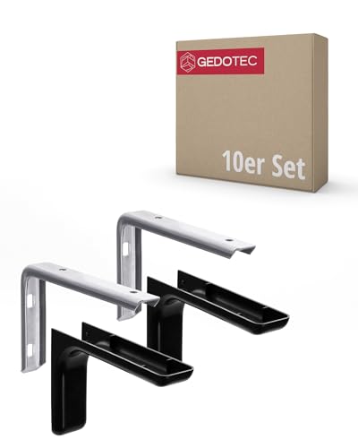 Gedotec Regalwinkel aus Metall | 10 Stk - Regal Winkelträger | LEON | Regalhalterung Winkel mit Tiefe: 12 cm | Tragkraft bis 20 kg | mit Kappen schwarz inkl. Befestigungsmaterial Regal Halterung Wand von Gedotec