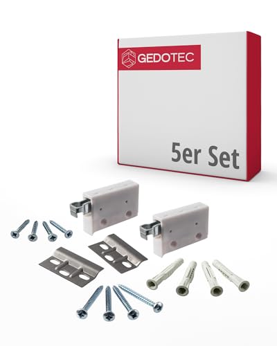 GedoTec Schrank-Aufhänger mit Montageschiene weiß | Tragkraft 150 kg | 5 Komplett-Sets - Möbel-Aufhänger mit Trägerplatte & Befestigungsmaterial Oberschrank | H10630 | Schrankhalter und Wandschienen von Gedotec