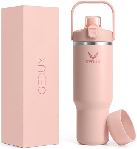 GEDUX 1200ml Edelstahl Tumbler mit Griff und Strohhalm, Vakuumisolierte Wasserflasche mit 2-in-1 Deckel (Schluckdeckel/Straw Deckel) und Silikonboden von Gedux