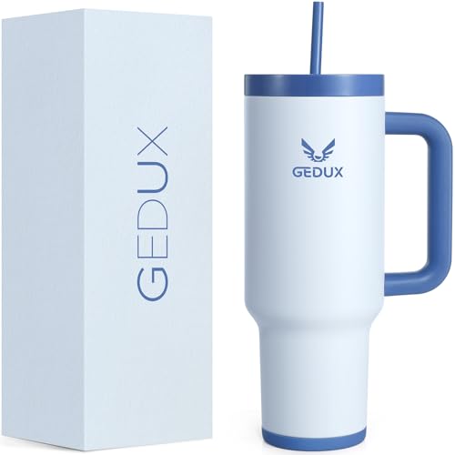 Gedux Trinkflasche mit Strohhalm 1.2L - Thermobecher mit Henkel auslaufsicher - Doppelwandige Vakuumisolierung - Thermobecher mit StrohhalmSpritzwassergeschützter Deckel (Hellblauer) von Gedux