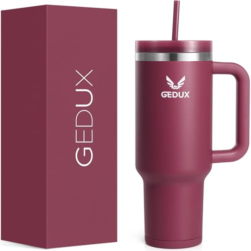 Gedux Trinkflasche mit Strohhalm 1.2L - Thermobecher mit Henkel auslaufsicher - Doppelwandige Vakuumisolierung - Thermobecher mit StrohhalmSpritzwassergeschützter Deckel (Tiefrot) von Gedux