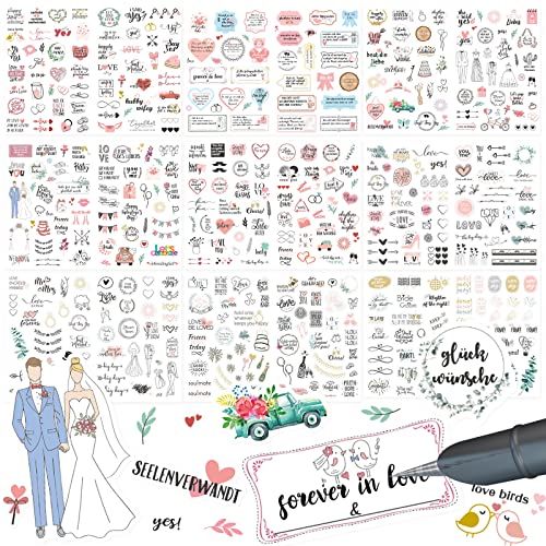 GeeRic Sticker Hochzeit Gästebuch (496 Motive), (9 Bögen) Vintage Love Sticker mit Herz,Vintage Hochzeit Aufkleber für Gästebuch oder Fotoalbum,Wunderschöne Aufkleber für Fotoalbum Hochzeit von GeeRic