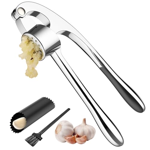 Premium Knoblauchpresse,GeeRic Knoblauchschneider Garlic Press & Ingwer Mühelos Leicht zu drückender ergonomischer Griff mit Silikon-Knoblauchschäler,Reinigungsbürste,Profi-Qualität leicht zu reinige von GeeRic