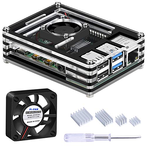 GeeekPi Acryl Gehäuse für Raspberry Pi 4 Model B, mit Lüfter und Kühlkörper für optimale Kühlung (Schwarz und klar) von GeeekPi