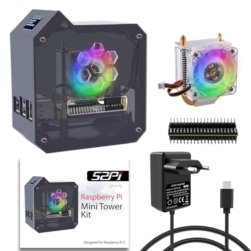 GeeekPi Mini Tower Kit mit PD 27W Netzteil für Raspberry Pi 5, Pi 5 Gehäuse mit ICE Tower Cooler Active Kühler, 5V 5A USB C Netzteil, 0.96'' OLED Modul für Raspberry Pi 5 1GB/2GB/4GB/8GB von GeeekPi