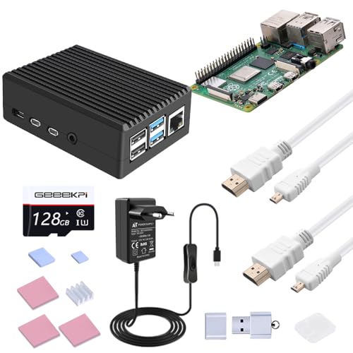 GeeekPi Starter Kit für Raspberry Pi 4 8GB, inklusive Pi 4 8GB RAM Board, 128GB SD Karte und Kartenleser, passiv kühlendes Aluminiumgehäuse, 5V 3.6A Netzteil mit EIN-/Ausschalter, 2pcs 4K HDMI Kabel von GeeekPi