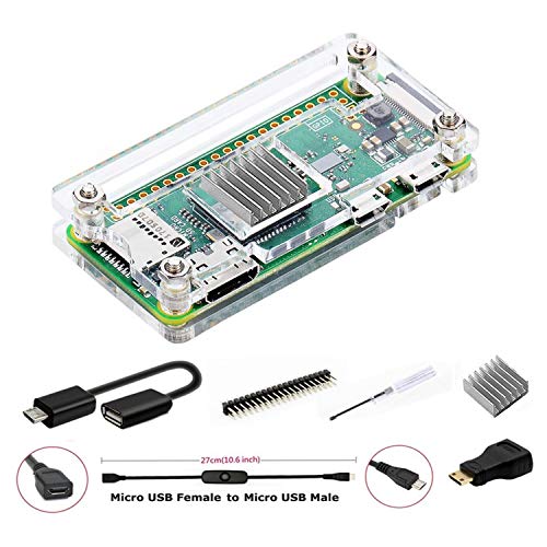 GeeekPi für Raspberry Pi Zero 2 W/Zero W Gehäuse, 7 in 1 Basic Starter Kit, 20-poliger GPIO-Header, OTG Kabel, Switch Kabel, HDMI Adapter, Kühlkörper und Schraubendreher (klar) von GeeekPi