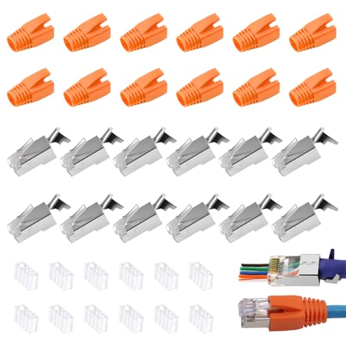 GeekerChip 12 Stück RJ45 Stecker CAT 7 Pass Through,Vergoldet Netzwerkstecker CAT7 CAT6A,Pass-Through & Geschirmt,10Gbps,mit Einfädelhilfe und Knickschutz,Orange GeekerChip 12 Stück RJ45 Stecker CAT 7 Pass Through,Vergoldet Netzwerkstecker CAT7 CAT6A,Pass-Through & Geschirmt,10Gbps,mit Einfädelhilfe und Knickschutz,Orange von GeekerChip