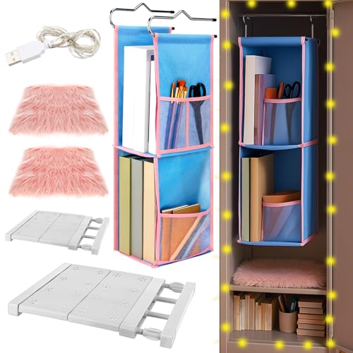Geelin 6-teiliges Hängeregal-Organizer-Set, Schulspind-Organizer mit 2 erweiterbaren Regalen, 2 langen Samtmatten, Lichterketten-Aufbewahrungsregal, Zubehör für den Schulanfang, Schrankdekoration von Geelin