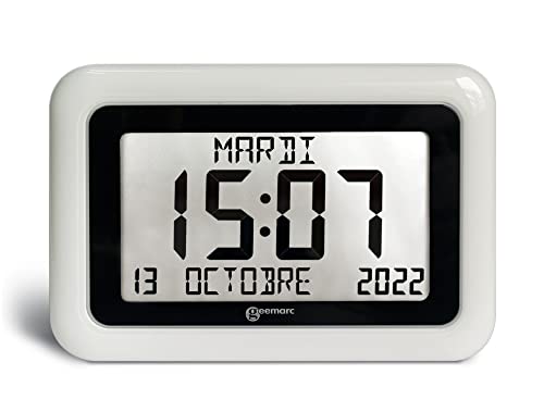 Kalenderuhr - Geemarc Viso10 mit automatischer Zeiteinstellung und großen Buchstaben - Für Menschen, die mit Alzheimer Leben - Batteriebetrieben - Ohne Hintergrundbeleuchtung - Version DE - Weiß von Geemarc