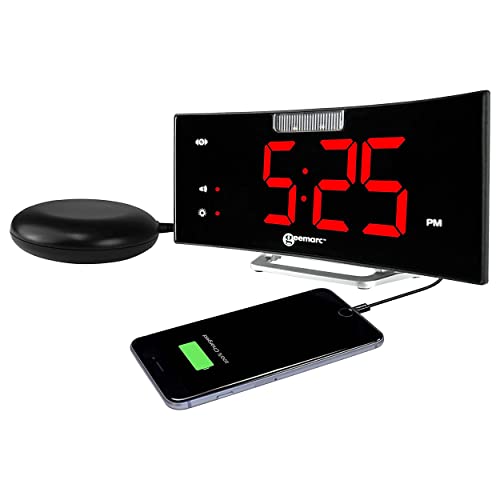 Geemarc Wecker mit starkem 95dB Alarm, Vibrationskissen, großem Display und Blitzlicht Wake 'N' Shake Curve Wird Sie aus dem Tiefschlaf wecken - USB-Ladeanschluss - Version DE von Geemarc