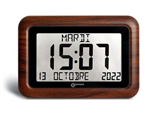 Kalenderuhr - Geemarc Viso10 mit automatischer Zeiteinstellung und großen Buchstaben - Für Menschen, die mit Alzheimer leben - Batteriebetrieben - Ohne Hintergrundbeleuchtung - Version DE - Holzeffekt von Geemarc