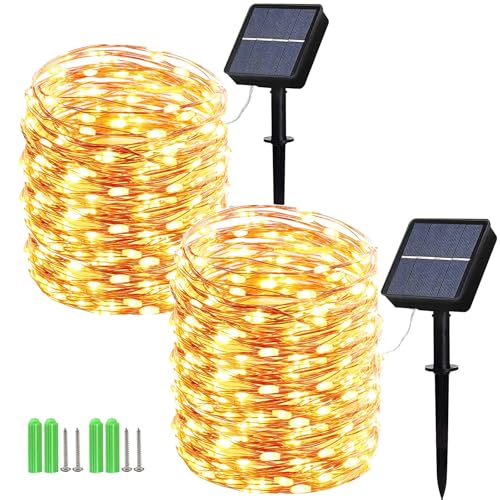 Geemoo Solar Lichterkette Außen, 2 Stück 2x15M 150 LED Solarlichterkette Außen, 8 Modi Kupferdraht Lichterkette Außen Solar, Solarlichterkette Wetterfest für Garten, Terrasse Hof Party (Warmweiß) von Geemoo