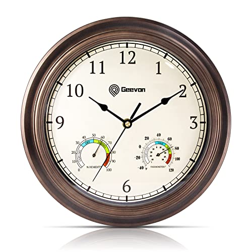 Geevon Analoge Wanduhr Nicht tickend 12 Zoll mit Hygrometer und Thermometer-Kombination, batteriebetriebene dekorative große Wanduhren aus Uhren für Wohnzimmer,Schlafzimmer,Küchendekoration von Geevon