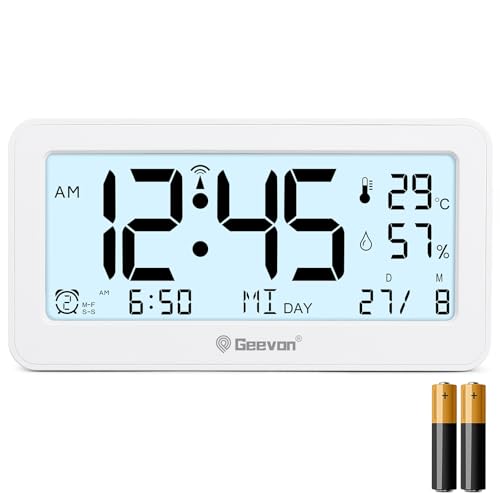 Geevon DCF Digital Wecker, Funkwecker mit Temperatur/Luftfeuchtigkeit LED Anzeige, zwei Weckeroptionen, einfacher, Betrieb dekorativer Clock für Schlafzimmer Tisch und Wohnraum (347 Weiß mit Batterie) von Geevon