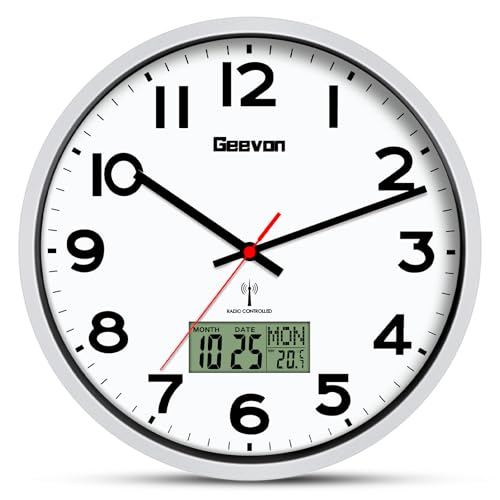 Geevon DCF Wanduhr ohne Tickgeräusche, 12 Zoll Funkuhr mit Temperaturanzeige Wanduhren, Funkuhren, Digitale Funkwanduhr, Funk Küchenuhren Wohnzimmer Uhr, Wand Küchenuhr, Funkwanduhr Seiko Lautlos von Geevon