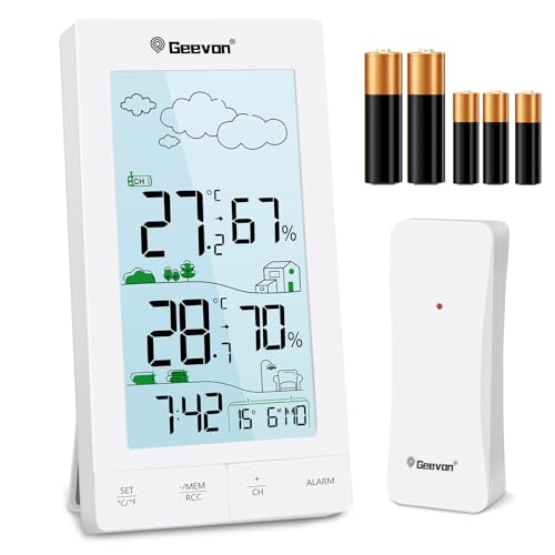 Geevon DCF Wetterstation Funk mit Außensensor, Digital Thermometer Innen Aussen Wetterstationen Innen und Außentemperatur Funk mit Wettervorhersage (5593 mit Batterie) von Geevon