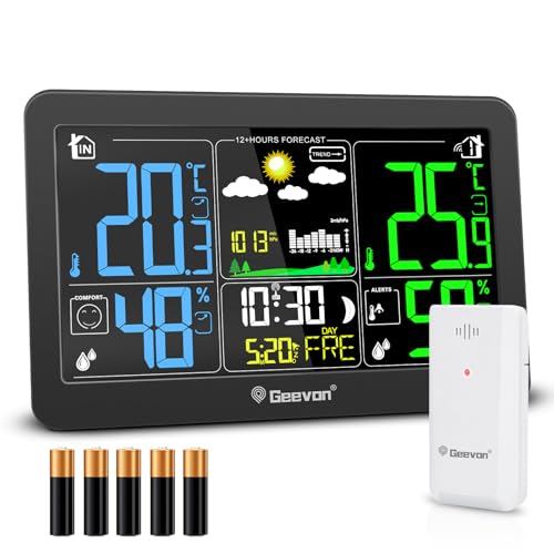 Geevon DCF Wetterstation Funk mit Außensensor, Wetterstationen Innen und Außentemperatur Funk mit Wettervorhersage Digitales Thermometer Hygrometer (303 mit Batterie) von Geevon