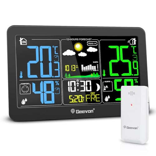 Geevon DCF Wetterstation Funk mit Außensensor, Adapter Wetterstationen Innen und Außentemperatur Funk mit Wettervorhersage Digitales Thermometer Hygrometer (246303 Ohne Batterie) von Geevon