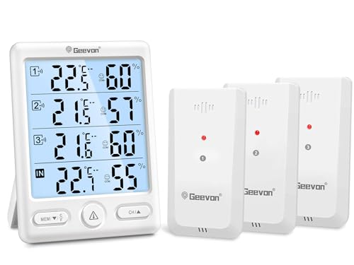 Geevon Funk Thermometer mit 3 Aussensensor, Digital Hygrometer Thermometer Innen Außen Hintergrundbeleuchtung Raumthermometer Temperatur Luftfeuchtigkeitsmesser (248649-schwarz-ohne Batterie) Geevon Funk Thermometer mit 3 Aussensensor, Digital Hygrometer Thermometer Innen Außen Hintergrundbeleuchtung Raumthermometer Temperatur Luftfeuchtigkeitsmesser (248649-schwarz-ohne Batterie) von Geevon