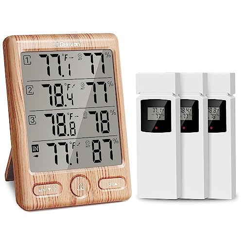 Geevon Funk Thermometer Innen Außen mit 3 Fernsensoren, Thermometer Hygrometer Feuchtigkeit Digital, Temperatur und Luftfeuchtigkeitsmesser mit 200FT/60M Reichweite(Gelb) von Geevon