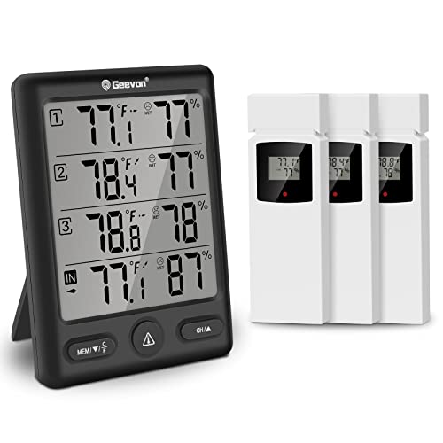 Geevon Funk Thermometer Innen Außen mit 3 Fernsensoren, Thermometer Hygrometer Feuchtigkeit Digital, Temperatur und Luftfeuchtigkeitsmesser mit 200FT/60M Reichweite(Schwarz) von Geevon