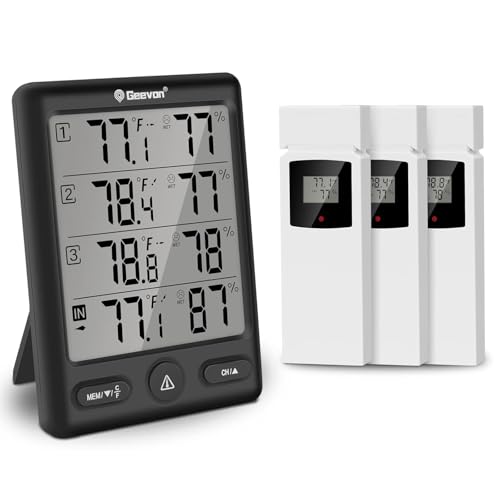Geevon Funk Thermometer Innen Außen mit 3 Fernsensoren, Thermometer Hygrometer Feuchtigkeit Digital, Temperatur und Luftfeuchtigkeitsmesser mit 200FT/60M Reichweite(Schwarz) von Geevon