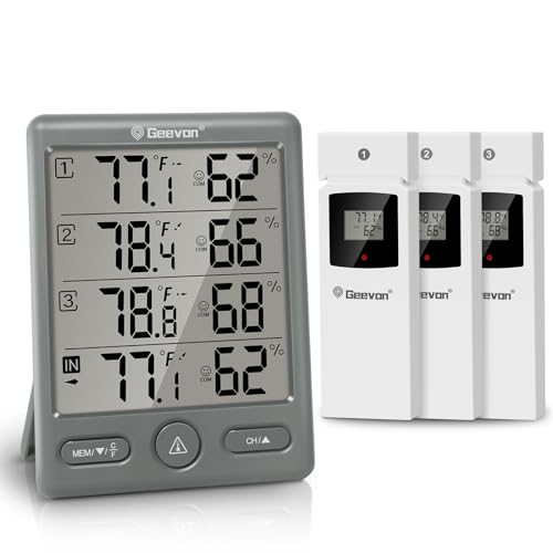 Geevon Funk Thermometer Innen Außen mit 3 Fernsensoren, Thermometer Hygrometer Feuchtigkeit Digital, Temperatur und Luftfeuchtigkeitsmesser mit 200FT/60M Reichweite (Grau) von Geevon