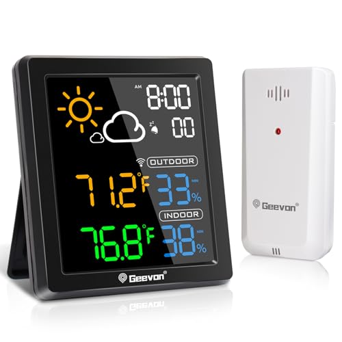 Geevon Indoor Outdoor Thermometer Wireless Wetterstation, Farbdisplay Digital Hygrometer Thermometer Temperatur Luftfeuchtigkeit Monitor mit Wecker und Hintergrundbeleuchtung von Geevon