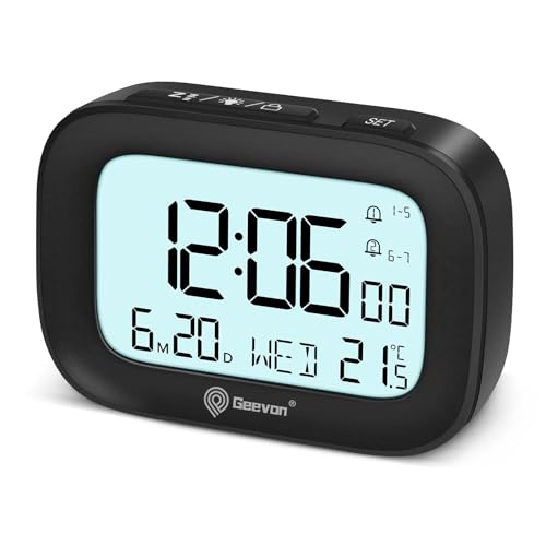 Geevon LCD-Digitalwecker, Batteriebetriebene Tischuhr, Temperaturanzeige, Snooze, Wochenendmodus, Wecker Sperrfunktion, Tragbarer Reisewecker, Mehrsprachige Anzeige (509 Schwarz ohne Batterie) von Geevon