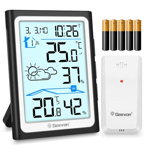 Geevon Wetterstation Funk mit Außensensor, DCF Digital Wettervorhersage, Innen/Außen Temperatur Hygrometer, Funkwetterstationen, Alarmfunktion und Mehrfachmontageoptionen Wecker (256305 mit batterien) von Geevon