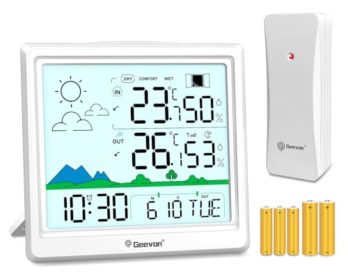Geevon Wetterstation mit Funk Außensensor, benutzerfreundliche, präzise Wettervorhersage, zuverlässige Datenübertragung, hochwertiges Design für den täglichen Gebrauch (250389 mit batterien) von Geevon