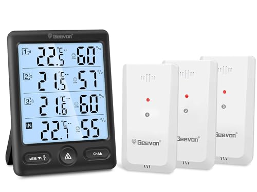 Geevon Funk Thermometer mit 3 Aussensensor, Digital Hygrometer Thermometer Innen Außen Hintergrundbeleuchtung Raumthermometer Temperatur Luftfeuchtigkeitsmesser (248650-schwarz-ohne Batterie) von Geevon