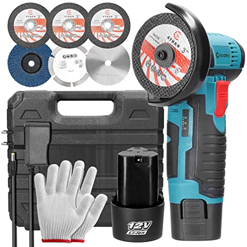 Mini Winkelschleifer,12V Akku Mini Flex 19500 rpm,Mit 2 * 2000 mAh Akku 6 Trennscheiben (76mm Durchmesser), Zum Schleifen, Trennen und Polieren von Fliesen, Holz, Stein, Stahl, Glas von Geevorks