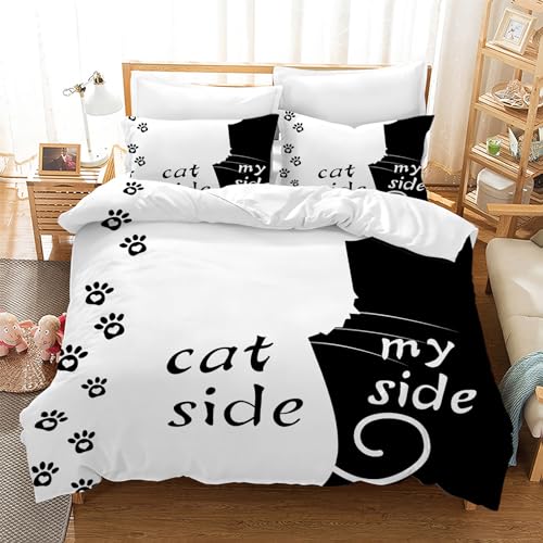 Gegeryozer Cat Side and My Side Bettwäsche Set 200×200 cm, Romantisches Thema Schwarz Weiß Bettwäsche Set,1 Mikrofaser Schwarz Weiß Bettbezug und 2 Kissenbezüge 50×75 cm von Gegeryozer