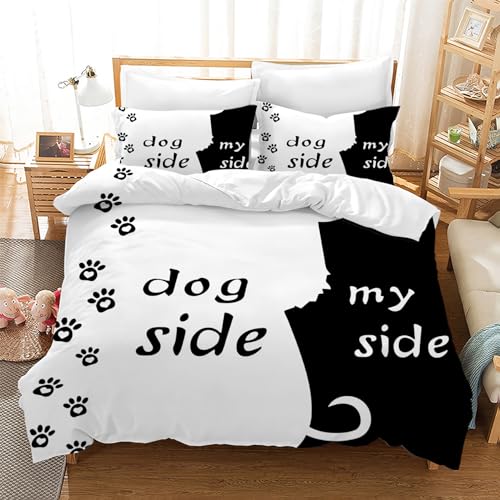 Gegeryozer Dog Side and My Side Bettwäsche Set 135×200 cm, Romantisches Thema Schwarz Weiß Bettwäsche Set,1 Mikrofaser Schwarz Weiß Bettbezug und 2 Kissenbezüge 50×75 cm von Gegeryozer