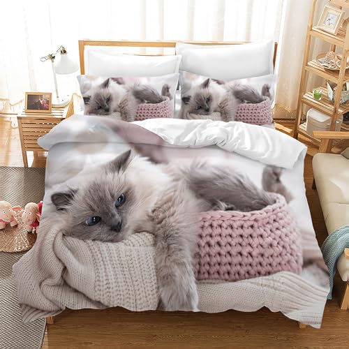 Gegeryozer Nette Katze Bettwäsche Set 135×200 cm,3D Katzenmotiv Kinder Bettbezug Set,1 Mikrofaser Kinder Bettbezug und 2 Kissenbezüge 50×70 cm(Katzen 2) von Gegeryozer