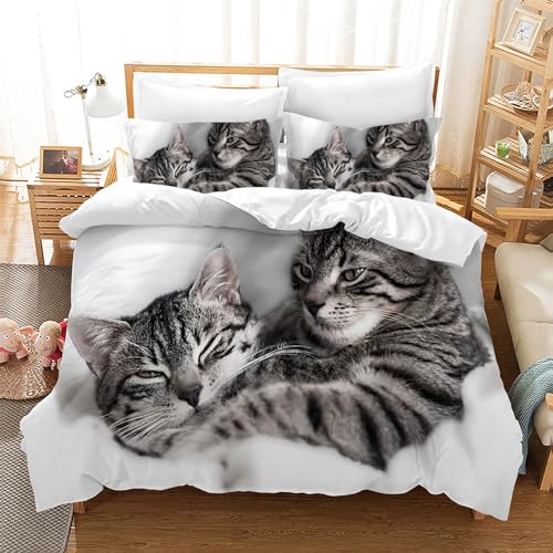 Gegeryozer Nette Katze Bettwäsche Set 135×200 cm,3D Katzenmotiv Kinder Bettbezug Set,1 Mikrofaser Kinder Bettbezug und 2 Kissenbezüge 50×70 cm(Katzen 3) von Gegeryozer