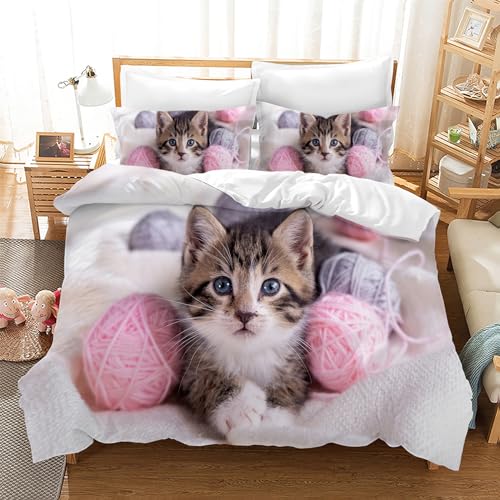 Gegeryozer Nette Katze Bettwäsche Set 135×200 cm,3D Katzenmotiv Kinder Bettbezug Set,1 Mikrofaser Kinder Bettbezug und 2 Kissenbezüge 50×70 cm (Katzen 5) von Gegeryozer