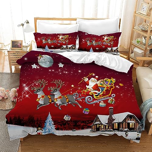 Gegeryozer Weihnachten Bettwäsche Sets,Weihnachtstag Thema Bettbezug,Santa Elch rot Bettbezug mit Kissenbezug für Jungen und Mädchen (C1,220×240 cm) von Gegeryozer