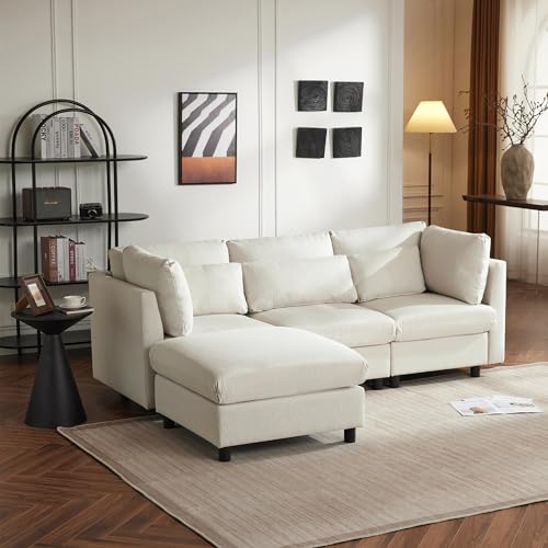 Gegtuon Couch Sofa 3 Sitzer Polstersofa mit Rückenlehne und 5 Kissen, L-Förm Schlafcouch Ecksofa Loungesofa Moderne mit Polsterhocker für Wohnzimmer Schlafzimmer Gästezimmer, Baumwoll+Leinen (Beige) von Gegtuon