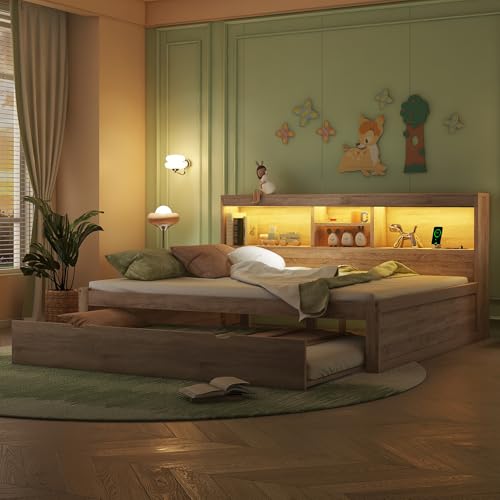 Gegtuon Doppelbett Holzbett 140x200 mit LED-Licht & USB-Buchse für Kinder, Jugendbett Funktionsbett mit Ausziehbares Bett und Stauraum Regal, Bettgestell mit Lattenrost aus Holz, ohne Matratze, Natur Gegtuon Doppelbett Holzbett 140x200 mit LED-Licht & USB-Buchse für Kinder, Jugendbett Funktionsbett mit Ausziehbares Bett und Stauraum Regal, Bettgestell mit Lattenrost aus Holz, ohne Matratze, Natur von Gegtuon